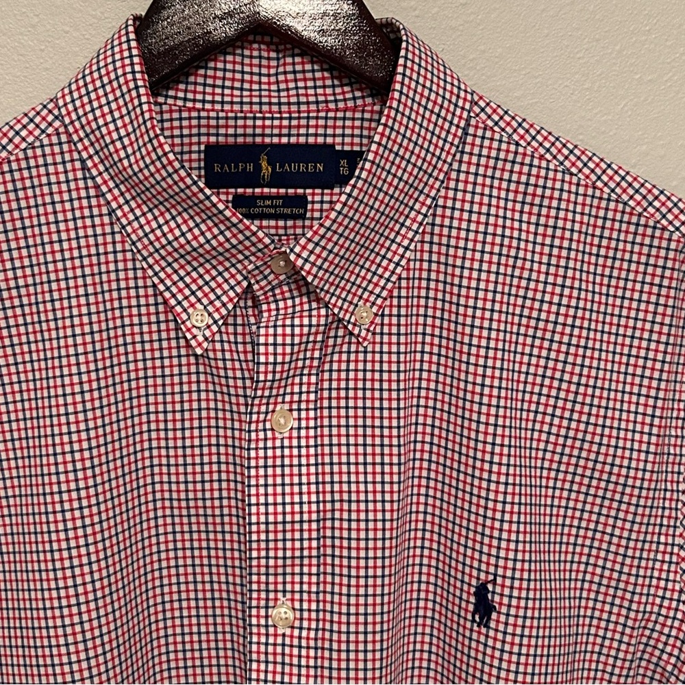 Ralph Lauren Men's Red and Blue Plaid Shirt - XL Slim Fit - 100% Cotton - Picture 3 of 8